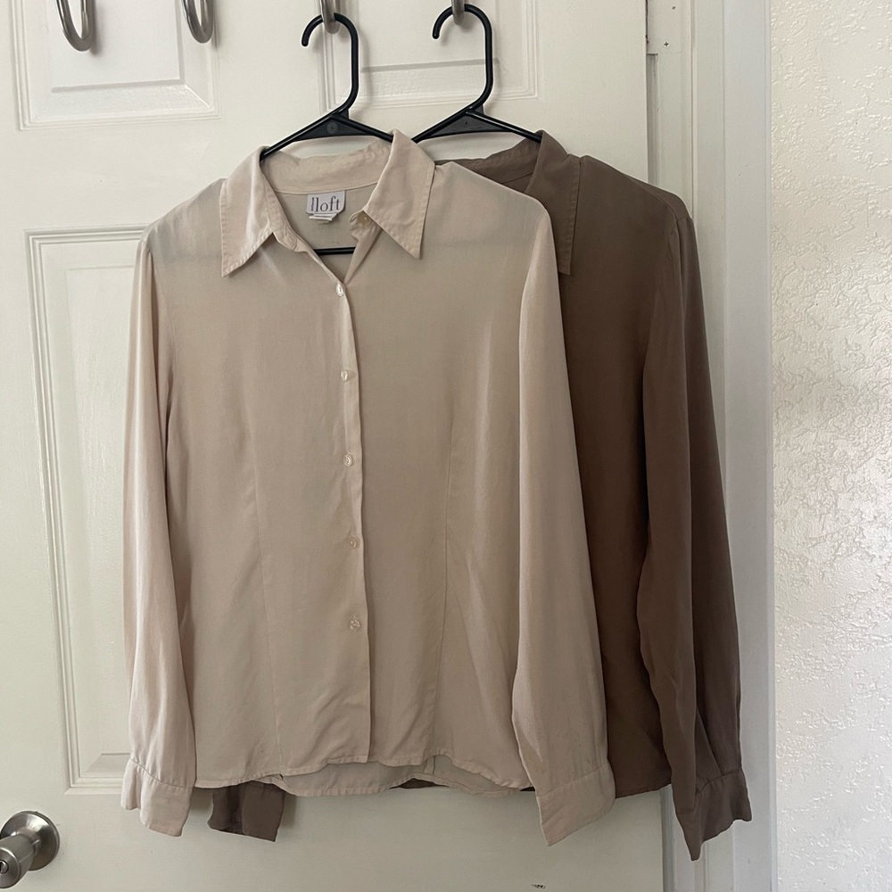 Set of 2 | Ann Taylor Loft Cream and Brown Long Sleeve Button Down Shirts